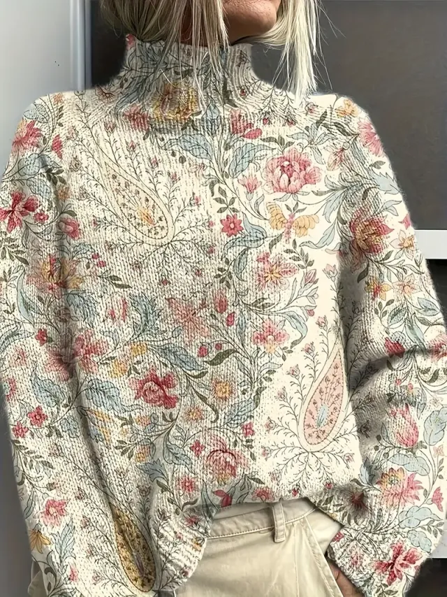 Women's Vintage Floral Print Pullover Turtleneck Long Sleeve Loose Fit Polyester Top 9Style - Shop at LoveMi
