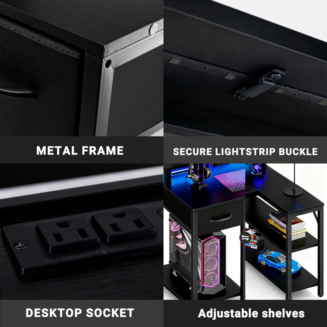 53-inch Gaming Table With USB Charging Port And LED Light, Reversible L-shaped Table With Power Socket And Monitor Stand image 29