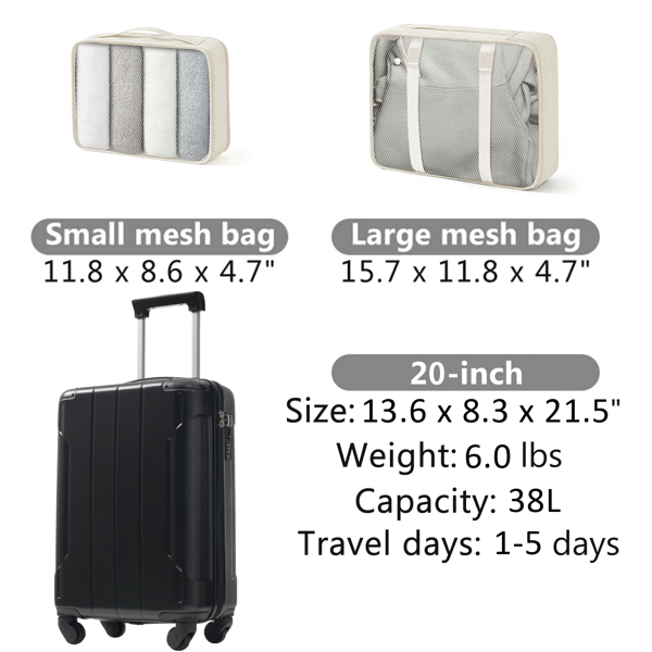 20-Inch Hardshell Carry-On Luggage, Lightweight Durable ABS Suitcase with Spinner Wheels, Built-in TSA Lock, 2 Packing Cubes, Black-23