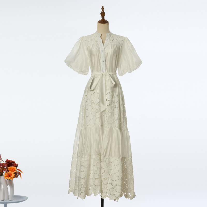 Female Strap Lace Splicing V-neck Bubble Sleeve Dress