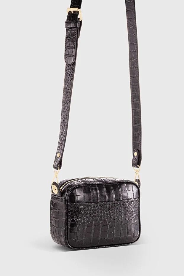 Black Croc Embossed Crossbody Bag For Women