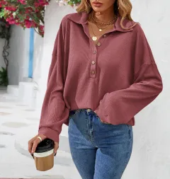 Fashion Lapel Button Sweatshirt Casual Loose Solid Colour Long Sleeve Pullover T-shirt Top Womens Clothing - Red - View 1