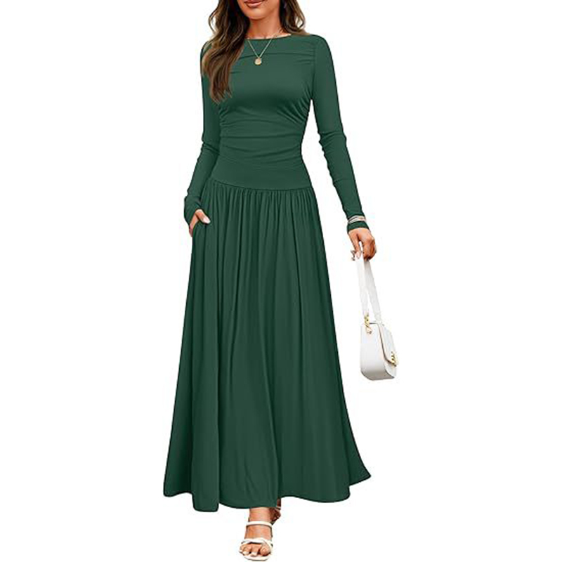 Women's Elegant Ruffle Detail Dress, Solid Color Round Neck Long Sleeve Knit Dress With Pockets Dark Green - Shop at LoveMi