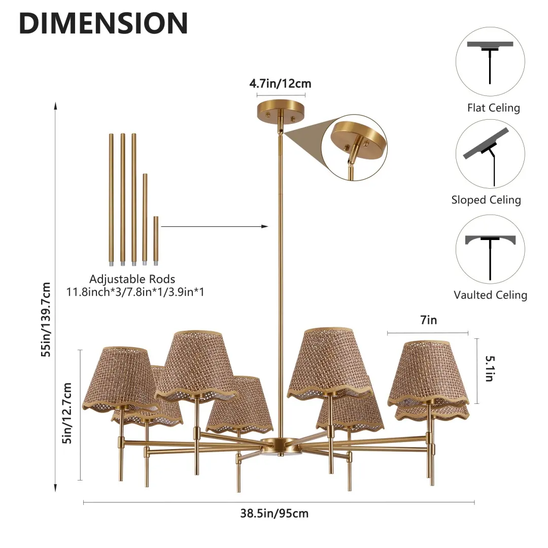 Golden Farmhouse Pendant Light 8-light Bohemian 38.6