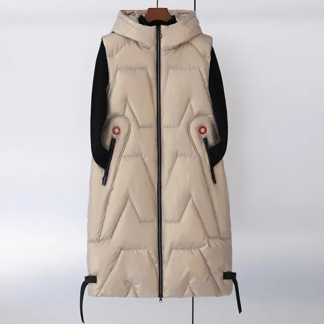 Women's Fashion Down Padded Long Vest Hooded Champagne Xl - Shop at LoveMi