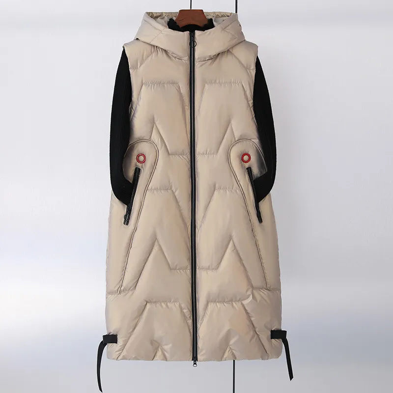Women's Fashion Down Padded Long Vest Hooded - Champagne-L