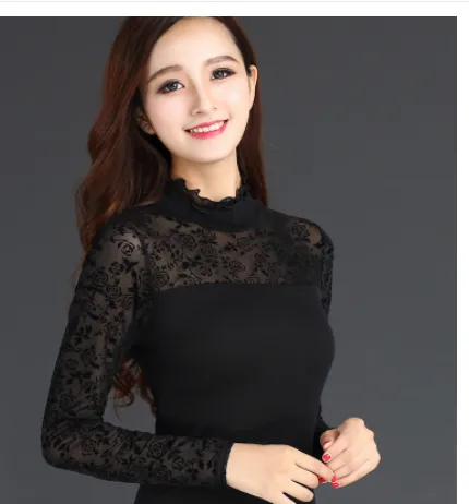 New Fungus Collar Mesh Lace Bottoming Shirt Slim Long sleeved T shirt Ladies Top Black Rose - Shop at LoveMi