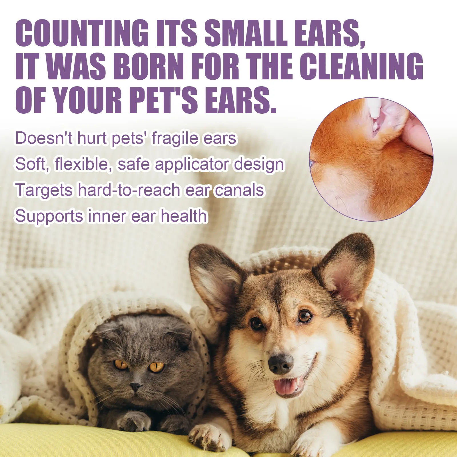 118ml Pet Ear Rinse Cleaner With Glycerin & Disodium EDTA, Anti-Itch Antimicrobial Ear Wash For Dogs Cats, Alcohol-Free Gentle Ear Cleanser With Cotton Swabs
