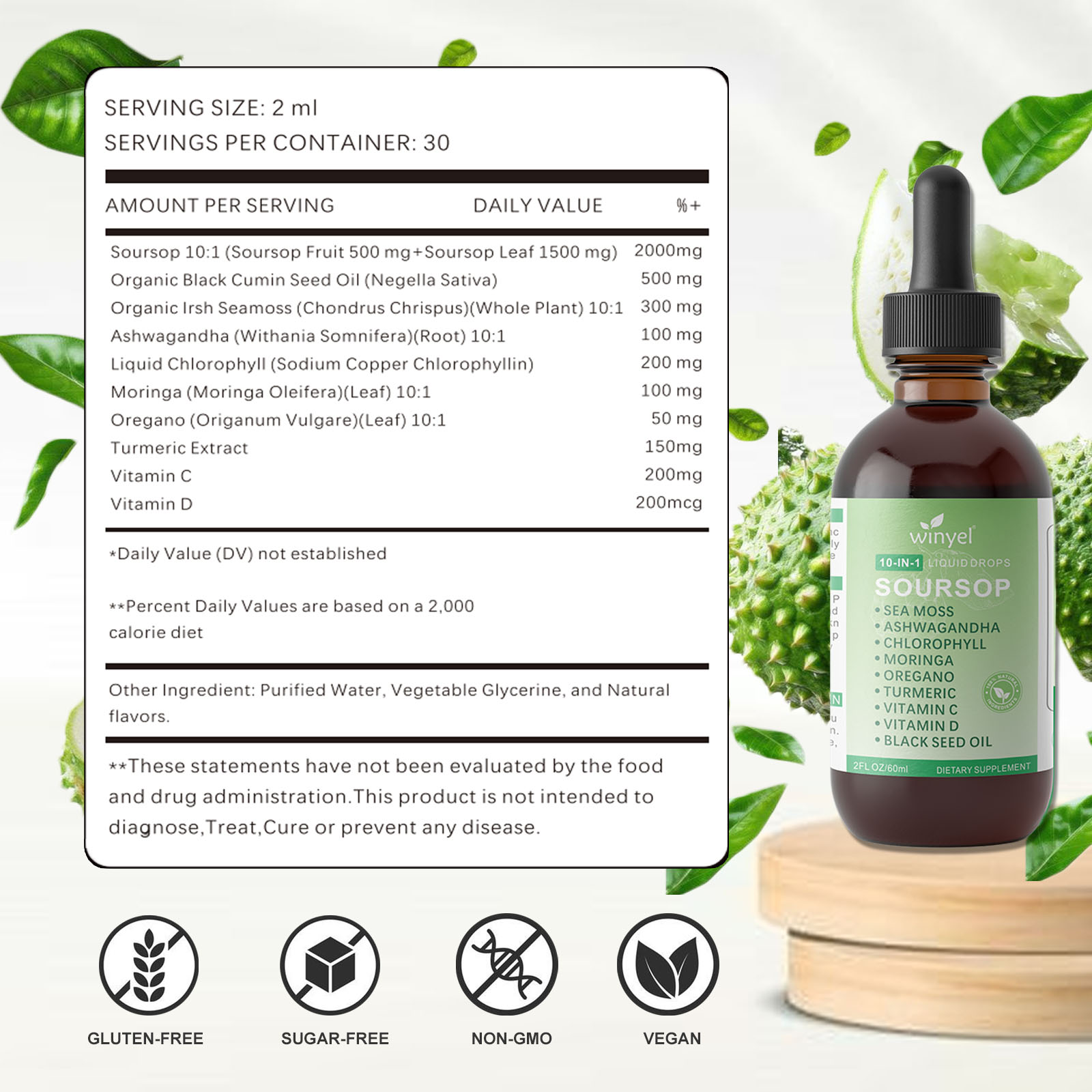 Soursop Drops 10-in-1 With Seaweed, Moringa, Black Seed Oil, Oregano, Ashwagandha, Chlorophyll  Herbal Extracts Promote Overall Health  Vegan 2 Fl Oz