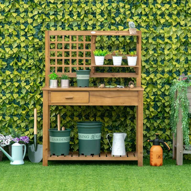 Potting Bench Table, Garden Work Bench, Outdoor Wooden Workstation With Tiers Of Shelves And Drawer For Patio, Courtyards, Balcony, Brown