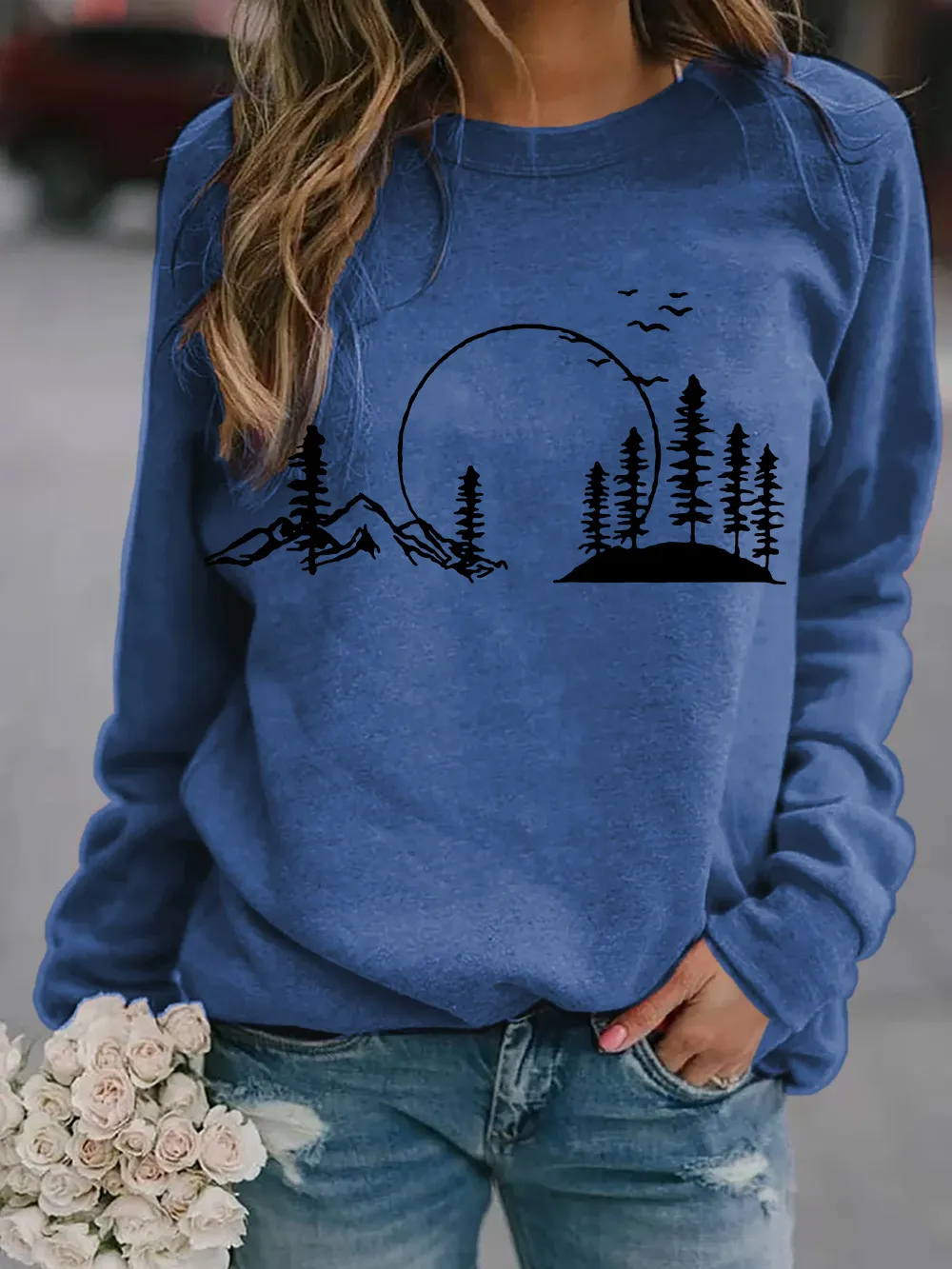 New Style Long-sleeved Dandelion Print Ladies Pullover Sweater - Blue