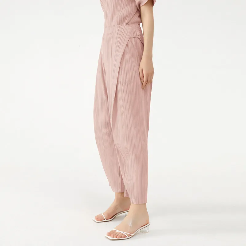 Fashion Ladies Mid-waist Drape Straight Pleated Pants - Pink