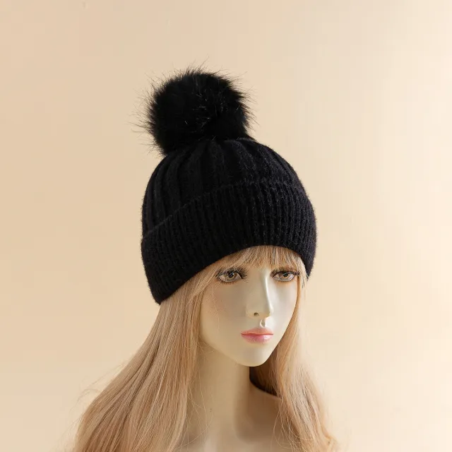 Suede Short Fur Ball Solid Knitted Fashion Versatile Autumn And Winter Warm Hat Black - Shop at LoveMi