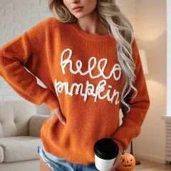 Women's Casual Round Neck Long Sleeve Letter Graphic Sweater Fall Winter Warm Comfortable Pullover Tops - Orange - View 1