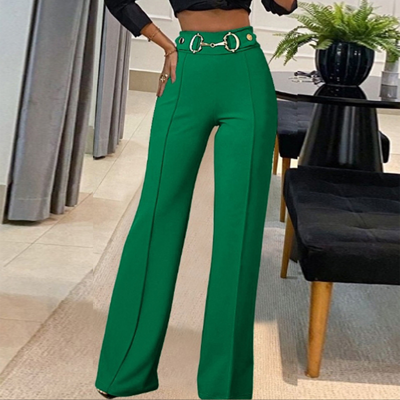 Women's High Waisted Straight Leg Pants, Solid Color Tailored Trousers With Decorative Waist For Office Wear Green - Shop at LoveMi
