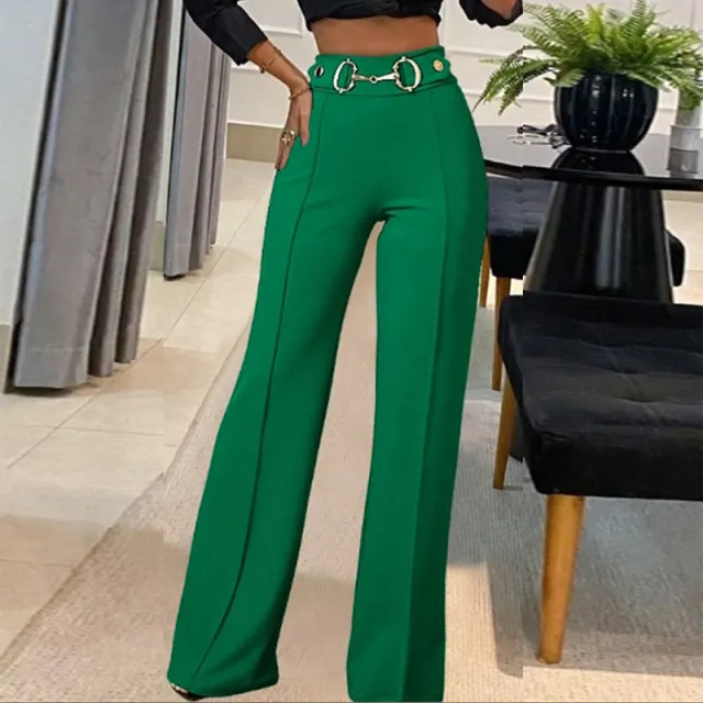 Women's High Waisted Straight Leg Pants, Solid Color Tailored Trousers With Decorative Waist For Office Wear Green - Shop at LoveMi