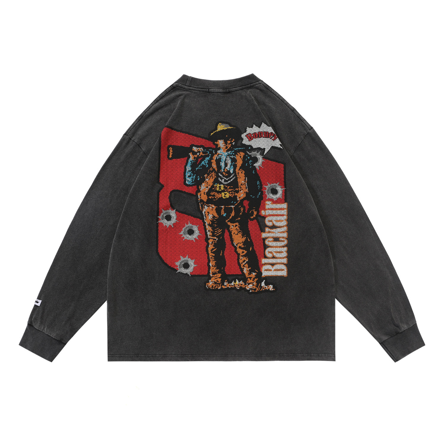 Denim Print Washed Distressed Loose Long Sleeve T-Shirt