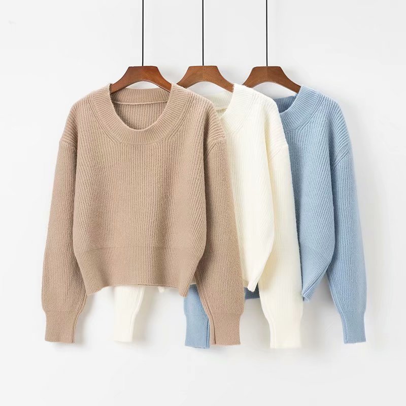 Title 4, Pure Color Small Round Neck Loose Pullover Sweater