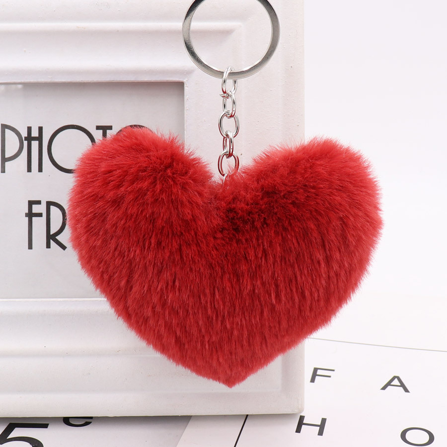 Heart shaped Fur Ball Keychain Rex Rabbit Plush Car Pendant Wine Red - Shop at LoveMi
