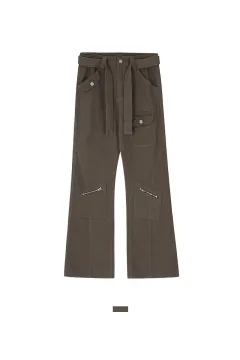 Multi-pocket Micro-flare Cargo Pants With Vintage Zip - Brown - View 1