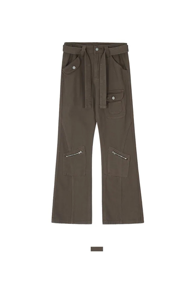 Multi pocket Micro flare Cargo Pants With Vintage Zip Brown - Shop at LoveMi