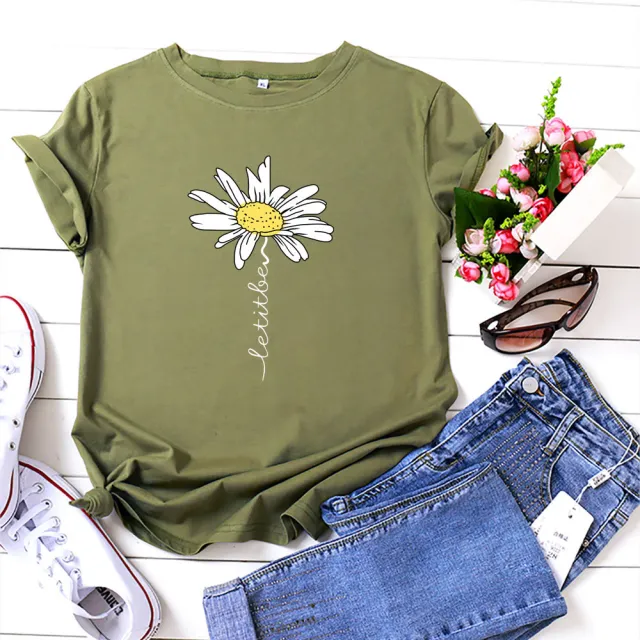 Sunflower Alphabet Print Short Sleeve Fashion Army Green - Shop at LoveMi