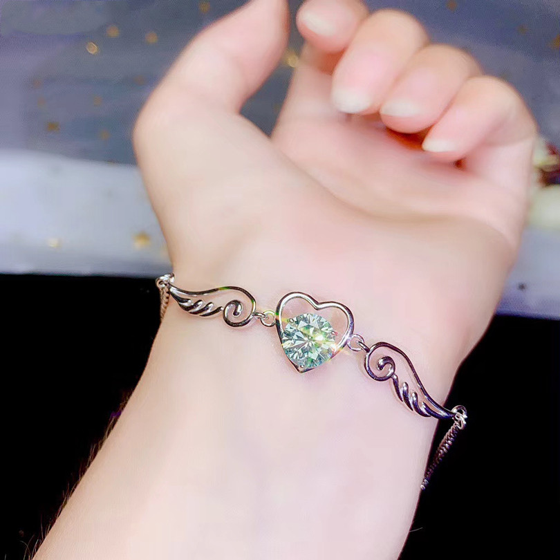 Moissan Diamond Heart Shape Love Angel Wing Fashion Bracelet Women's Valentine's Day Gift 925 Silver