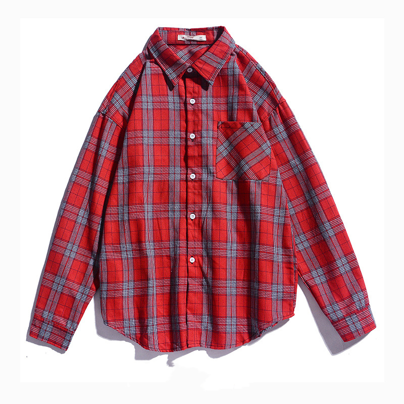 Japanese Style Long Sleeve Plaid Shirt Men's European And American