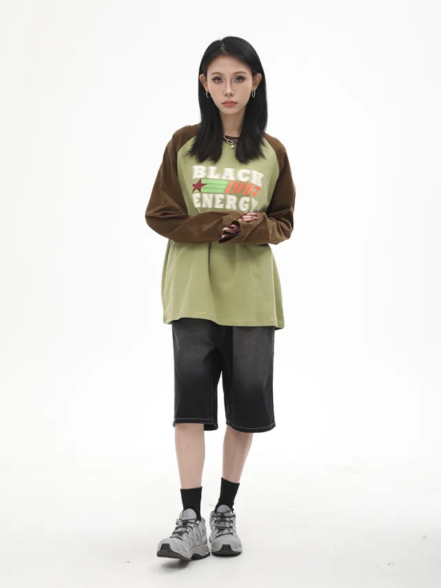 Blur Letter Print Loose Drape Long Sleeve Brownish Green - Shop at LoveMi