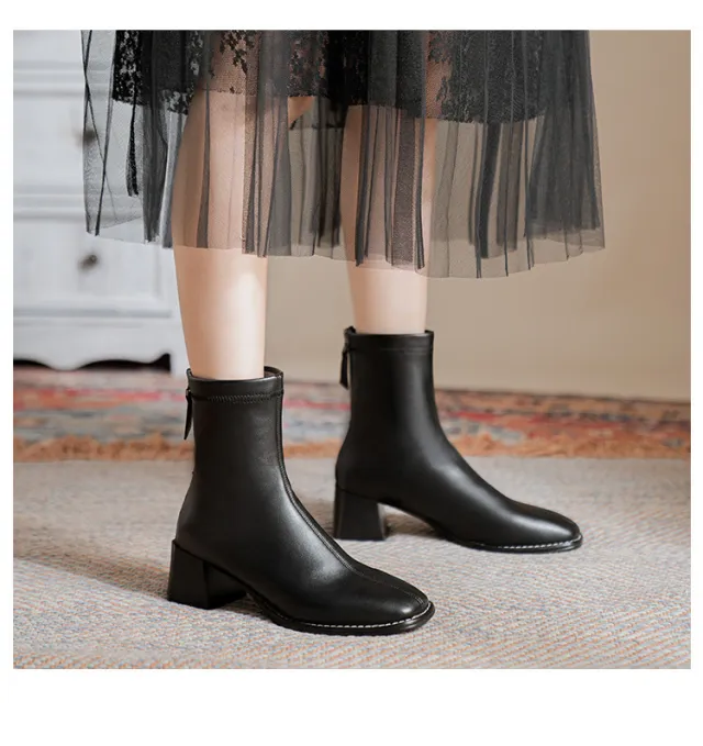Women's New Square Toe Chunky Heel Leather Ankle Boots Black - Shop at LoveMi