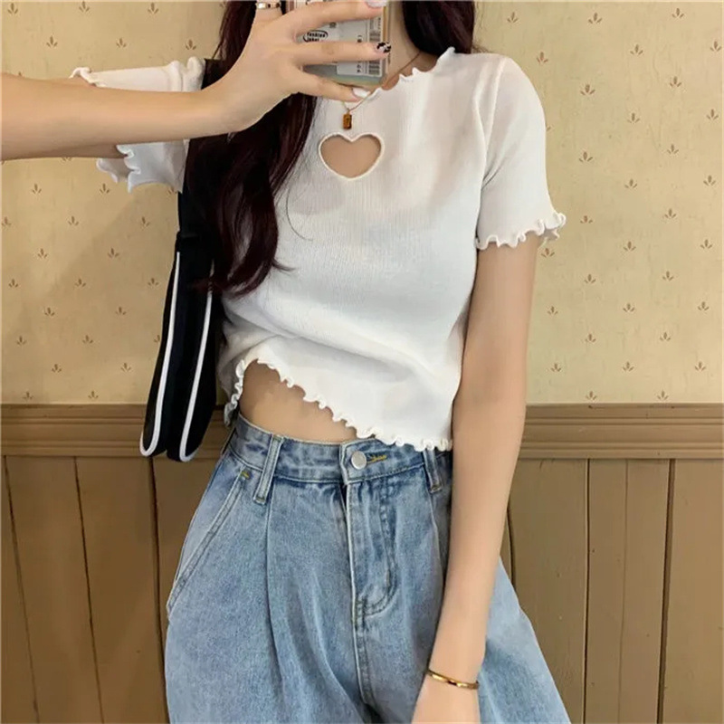Short Hollow Out Love T-shirt With Wooden Ear Edge Top