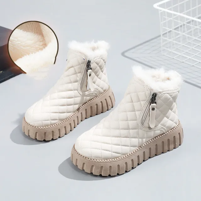 Women's Plaid Pattern Platform Ankle Boots Casual Side Zipper Plush Lined Snow Boots Winter Comfortable Short Boots Beige - Shop at LoveMi