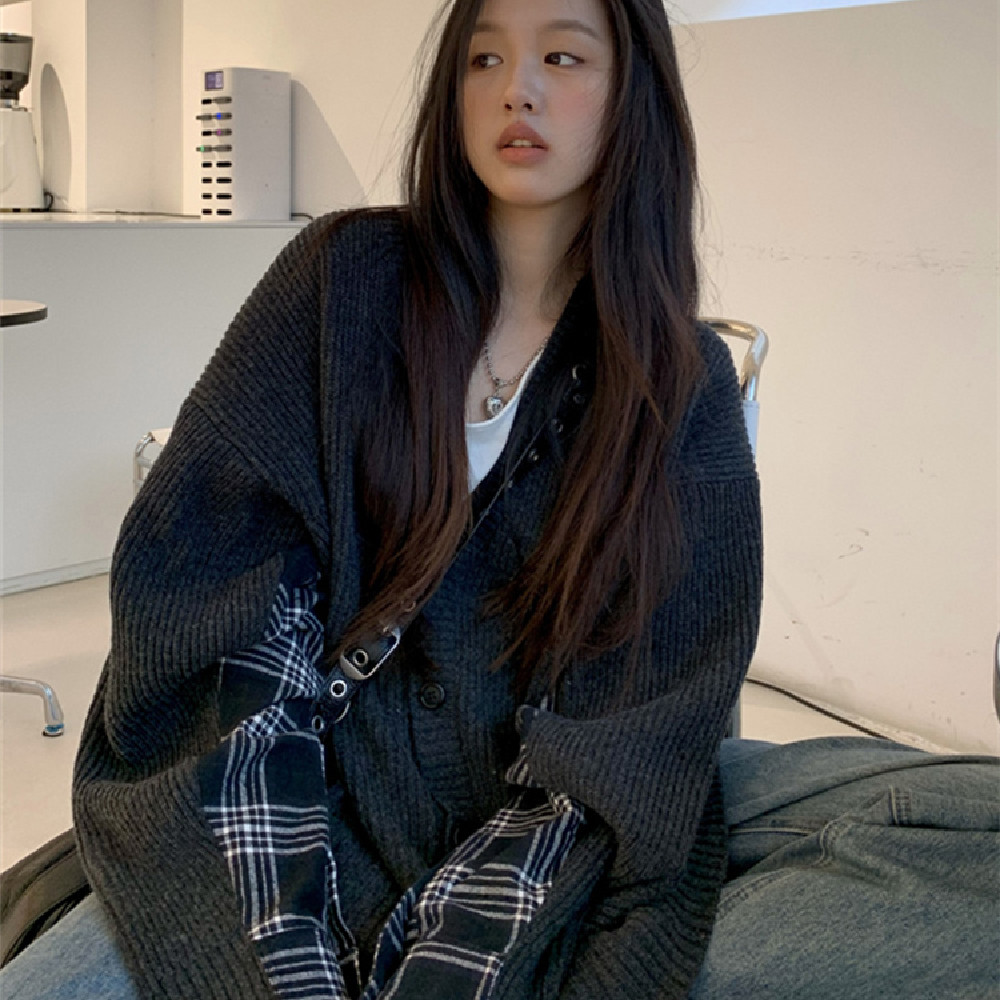 Design Sense Plaid Patchwork Knitted Cardigan For Women