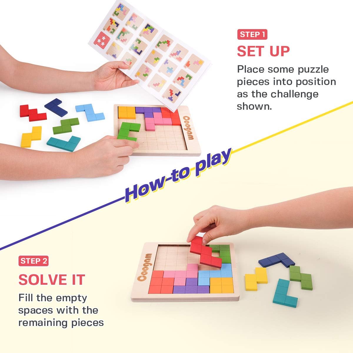 Wooden Pattern Blocks Puzzle With 60 Challenges, 3D Tangram Brain Teaser Game For Kids And Adults, STEM Learning Toy