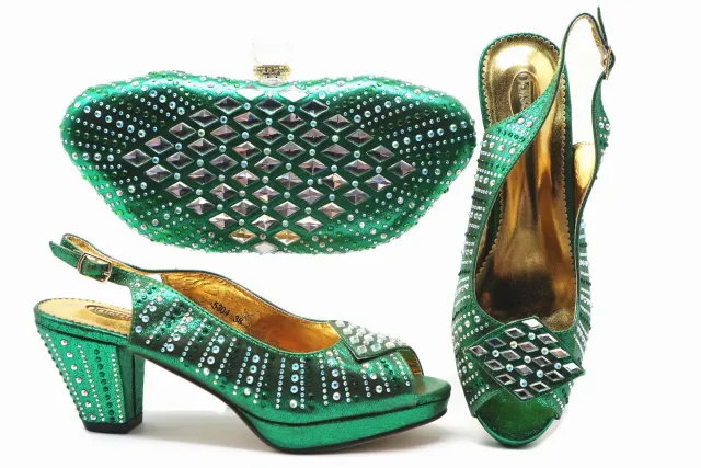 Party Dinner Rhinestone Bag Short Heel Fish Mouth Shoes Green - Shop at LoveMi