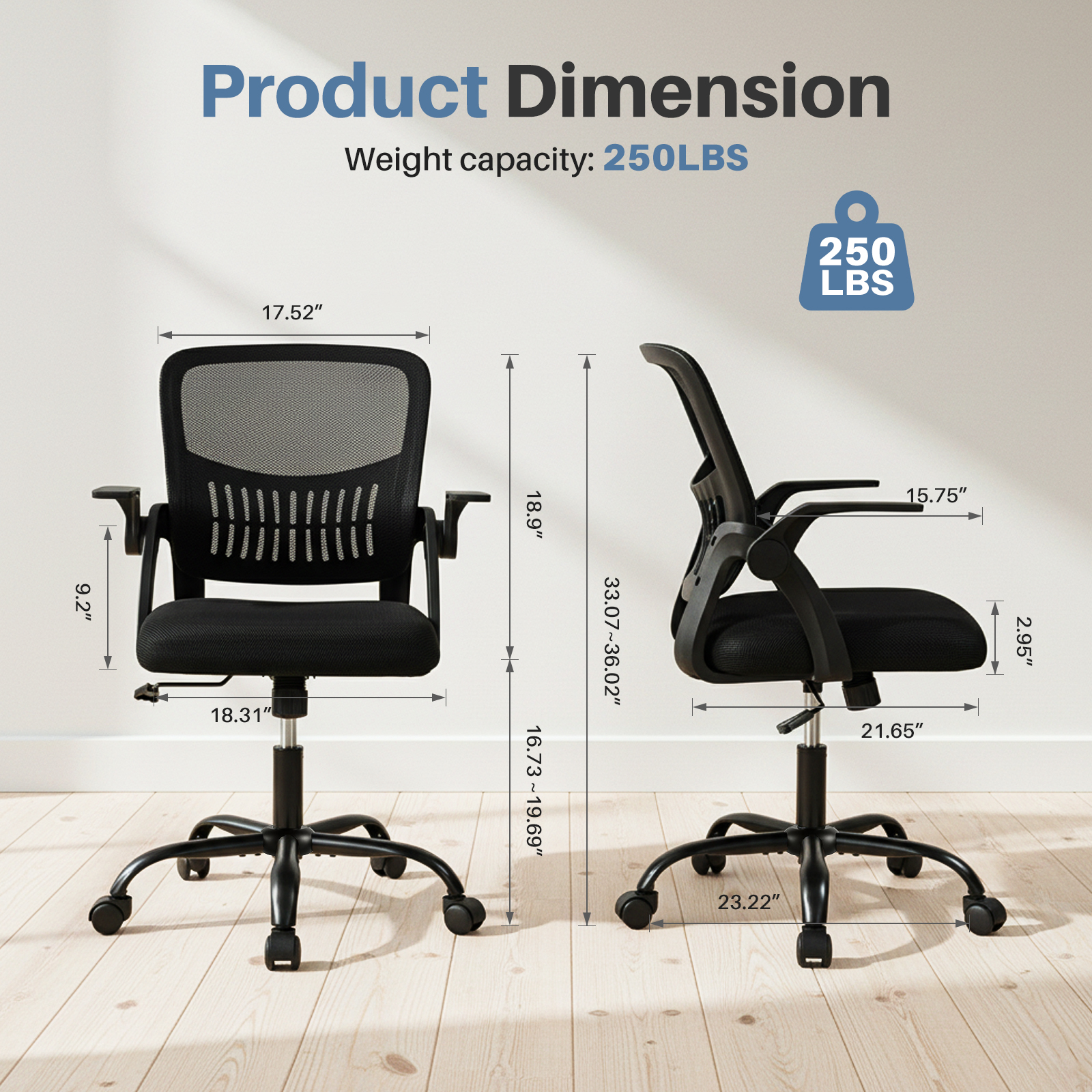 The Flip-up Armrest Fabric Computer Desk Chair With Adjustable Rotating Backrest Offers Comfortable Lumbar Support.