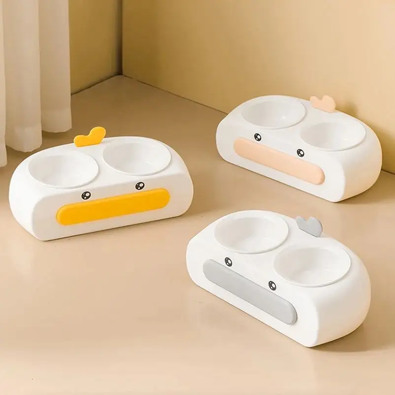 Duck Design Pet Double Bowl Plastic Kitten Dog Food