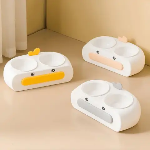 Duck Design Pet Double Bowl Plastic Kitten Dog Food