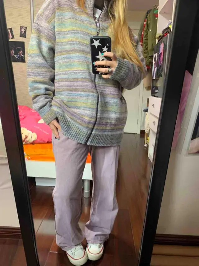 Rainbow Striped Retro Stand Collar Zipper Sweater Cardigan Coat Tan - Shop at LoveMi