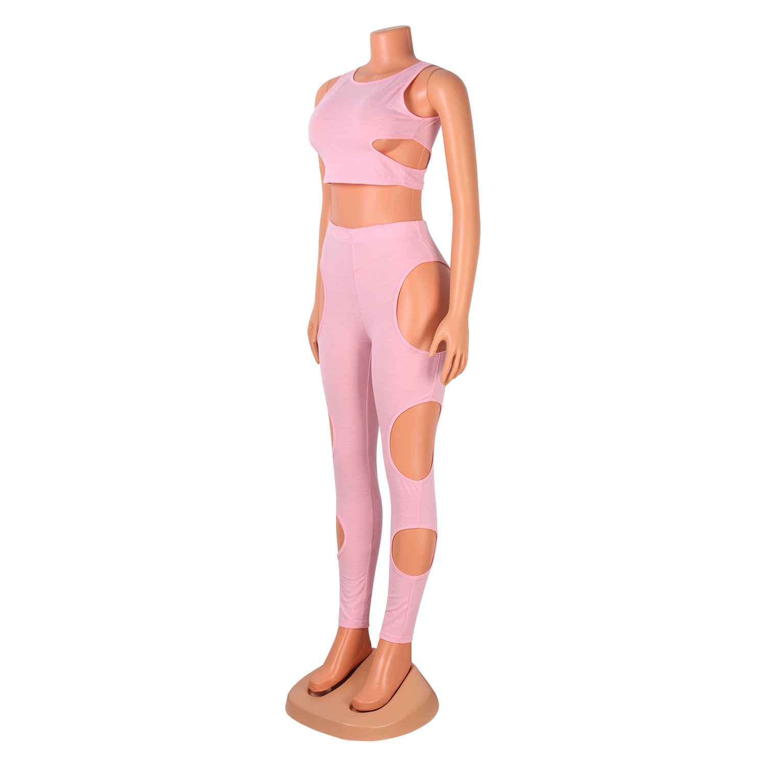 Fashion Casual Hollow Hole Solid Color Tight-Fitting Two-Piece Suit