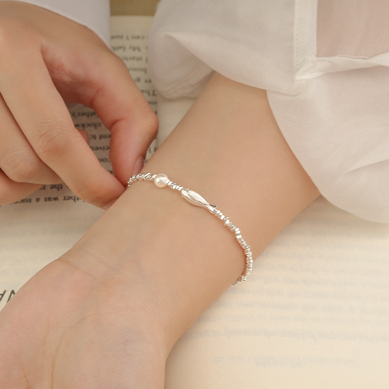 S925 Sterling Silver Little Fish & Broken Silver Pearl Bracelet For Women, New 2025 Design, Light Luxury Niche Exquisite Bracelet