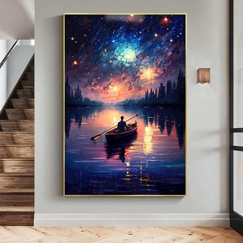 Handmade Oil Painting Canvas Wall Art Decoration Starry Sky Lake Night View Nique Landscape For Home Decor Birthday Gift