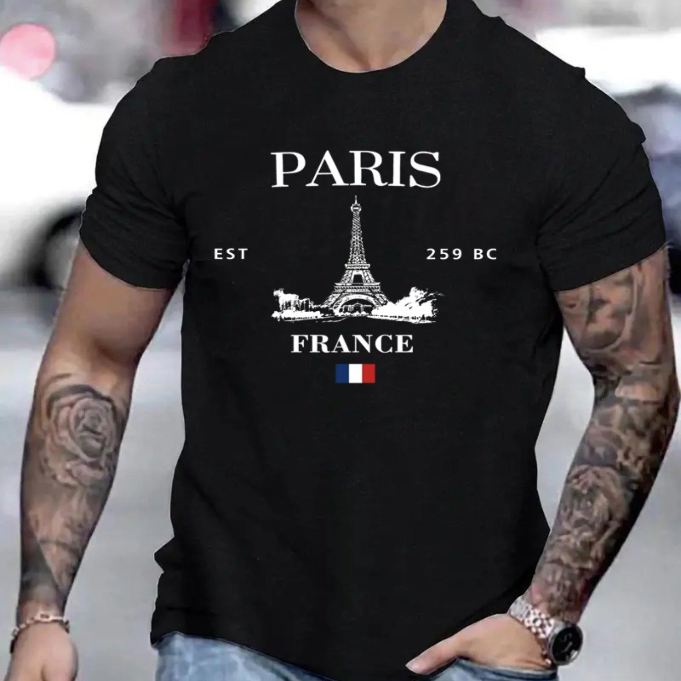 Paris Print Men&#39;s Round Neck Fashion Short Sleeve Sports T-Shirt