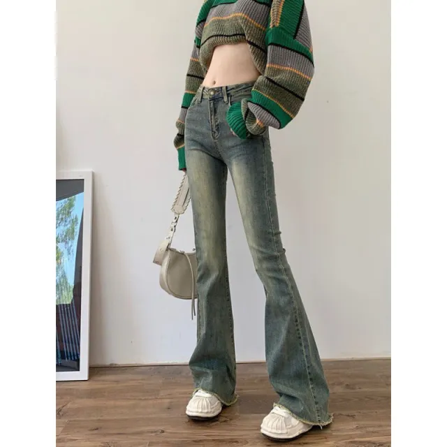 New Raw Hem High Waist Slightly Flared Retro Stretch Jeans For Women Grey - Shop at LoveMi