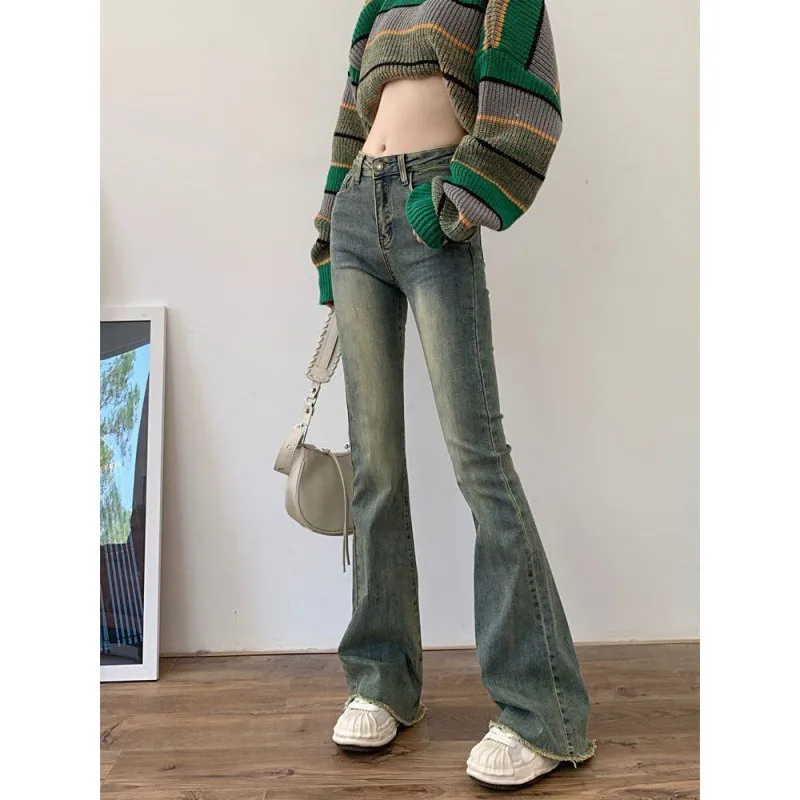 New Raw Hem High Waist Slightly Flared Retro Stretch Jeans For Women - Grey