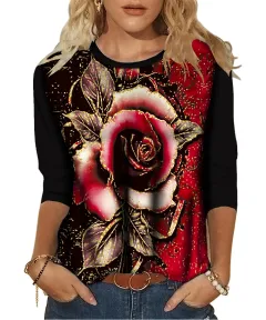 Women's Fashion Printed Crew Neck Long Sleeve T-Shirt - Rose - View 1