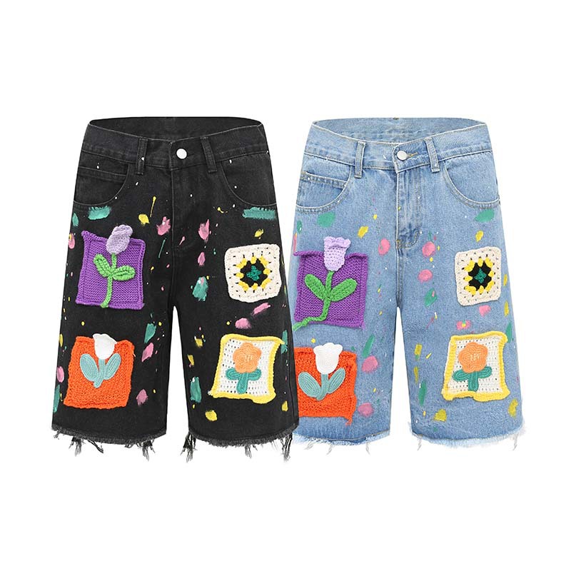 Fashion Vintage Knitted Flower Denim Shorts