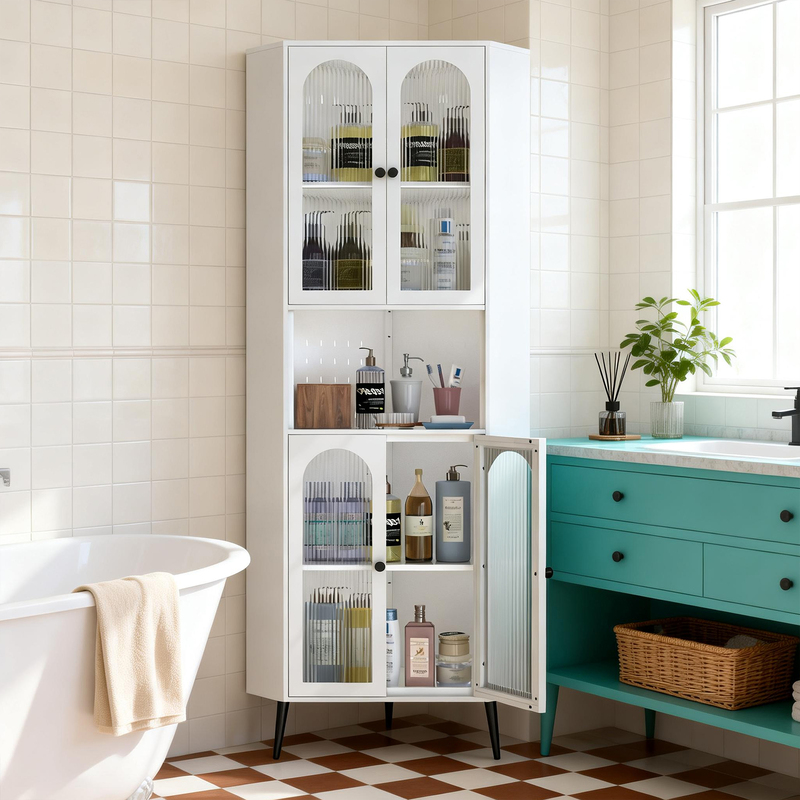 73in Corner Metal Storage Cabinet W Lock, Adjustable Shelves, White Space-Saving Organizer For Entryway Bathroom Bedroom Dining Room Living Room Office