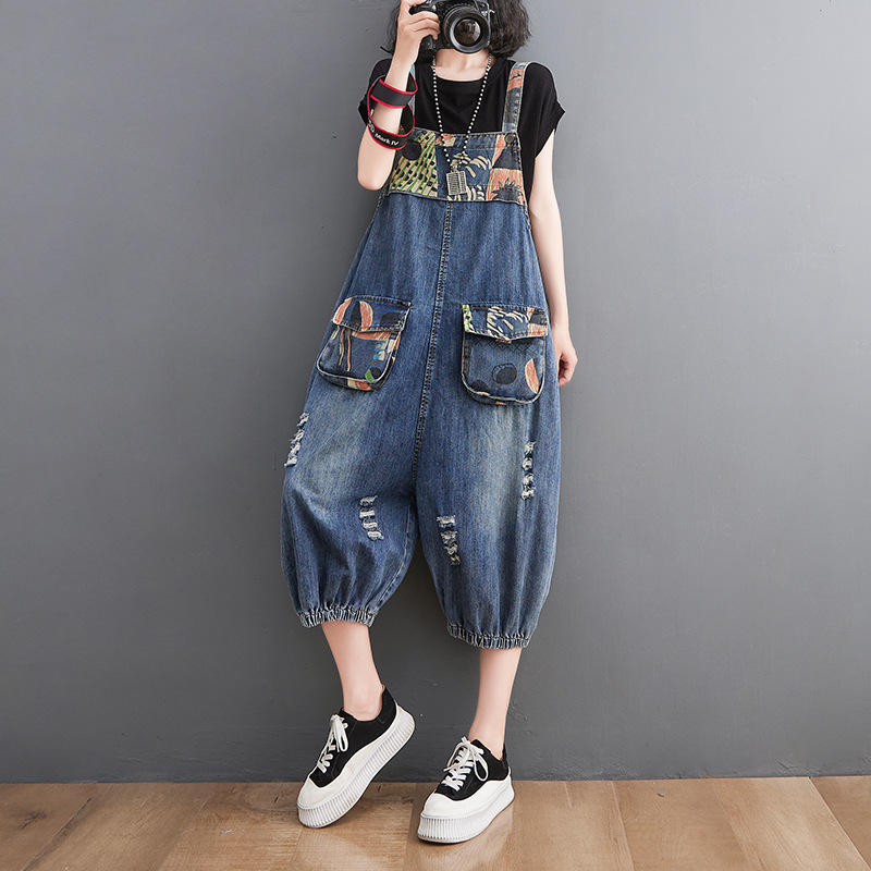 Age-reducing Denim Overalls Shorts Women's Fat Mm Print Stitching