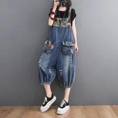 Age-reducing Denim Overalls Shorts Women's Plus Size Mm Print Stitching - Blue - View 1
